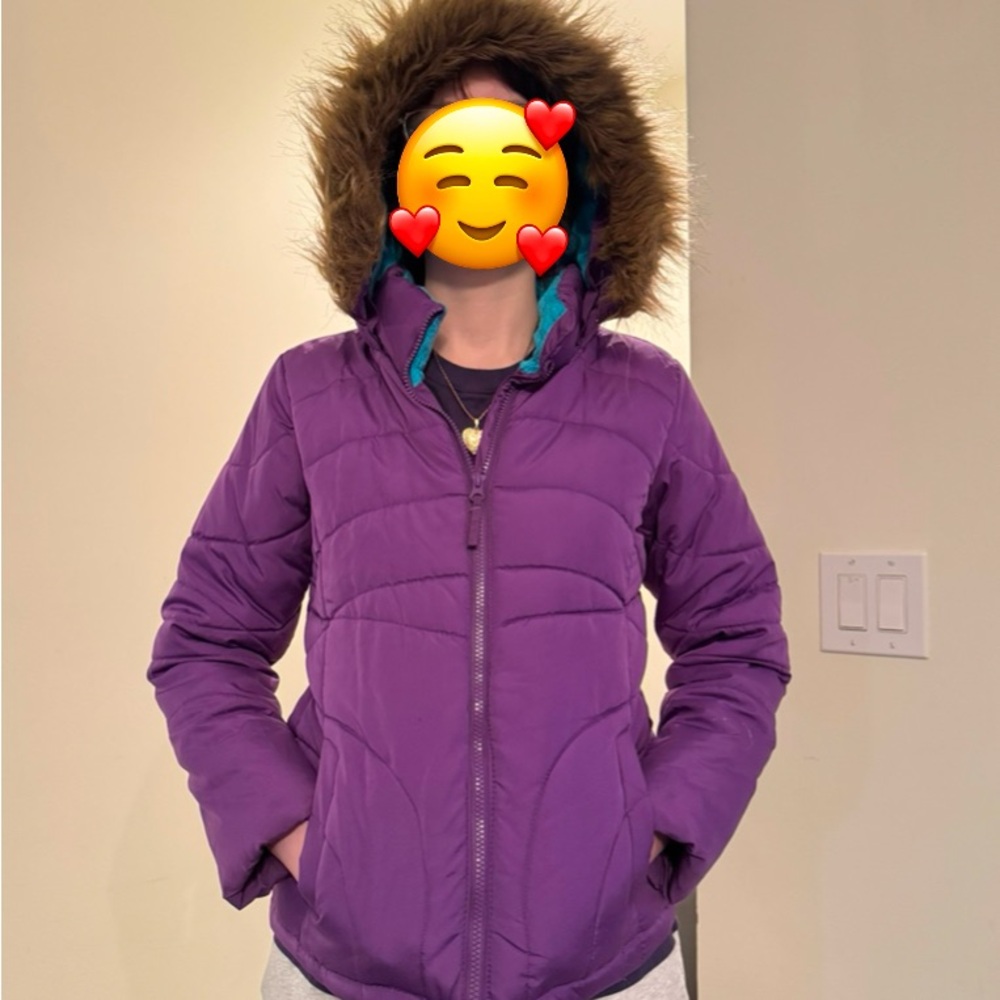 SO Purple Puffer Jacket with Faux Fur Hood